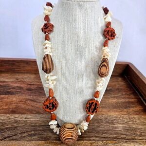 Vintage Chunky Wood Shell and Nut Bead Statement Necklace Brown White Hawaii 80s